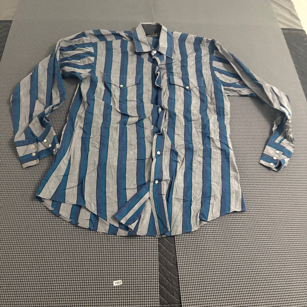 Ruddock Bros Mens Blue Grey Striped Western Pearl Snap Shirt Made in USA